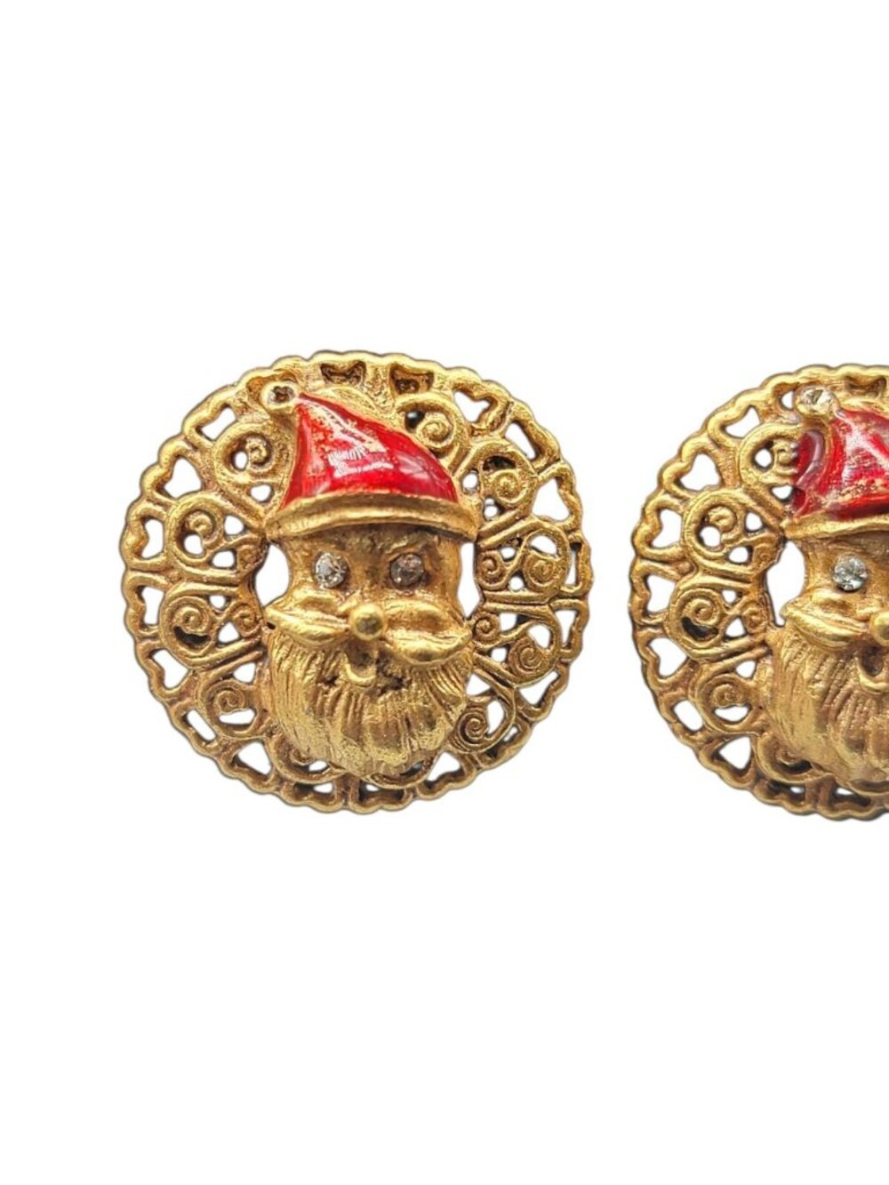 Don Lin Santa Clip On Earrings Vintage Rhinestone Eyes Red Enamel Hat Gold Tone - Picture 9 of 11